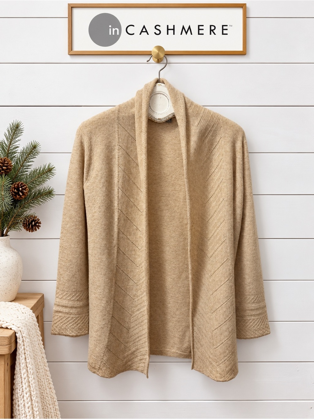 in CASHMERE – Beige Cashmere Open-Front Cardigan – Size L
